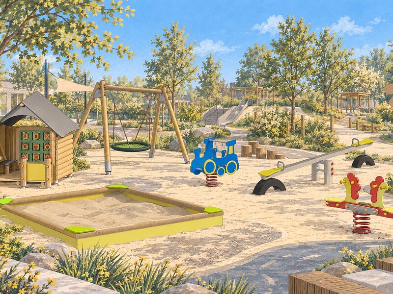 Spielplatz mit Spielhaus, Sandkasten, Schaukel und Federwippen