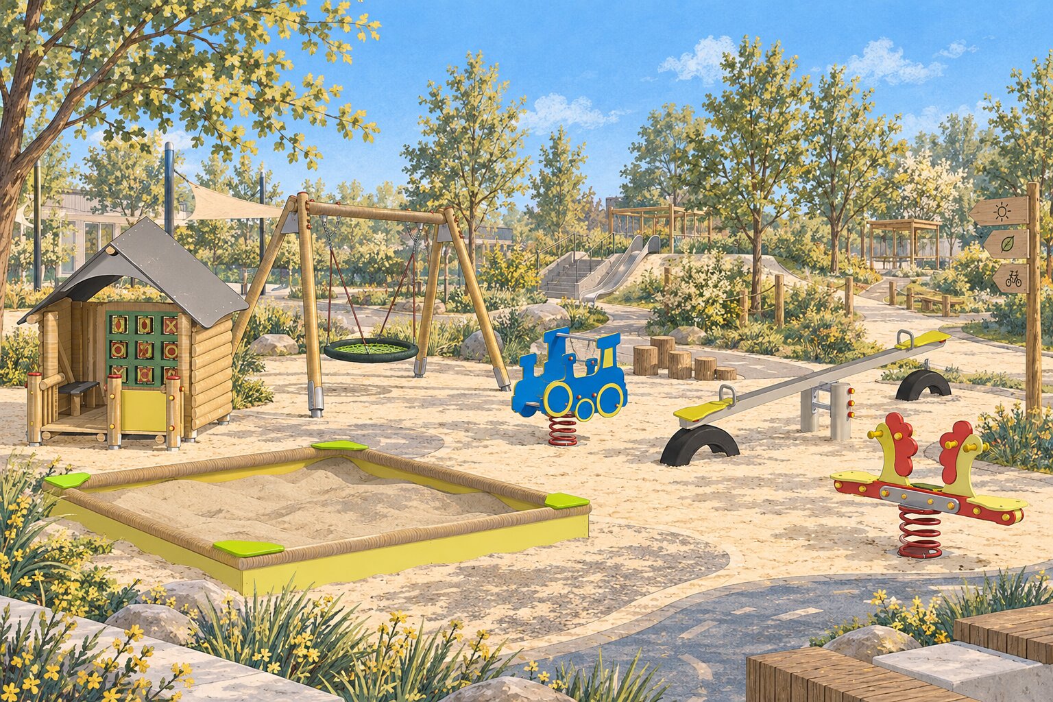Spielplatz mit Spielhaus, Sandkasten, Schaukel und Federwippen