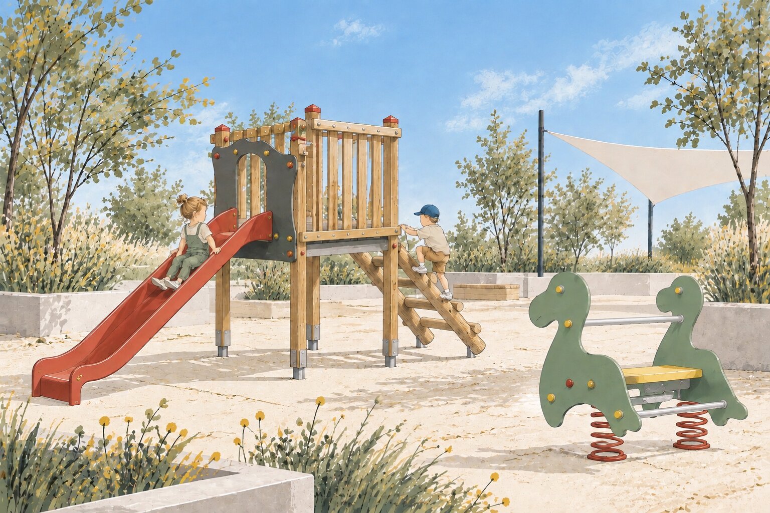 Spielturm mit Rutsche und Federwippe Dino