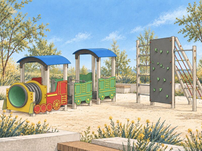 Spielzug und Kletterwand auf einem Spielplatz