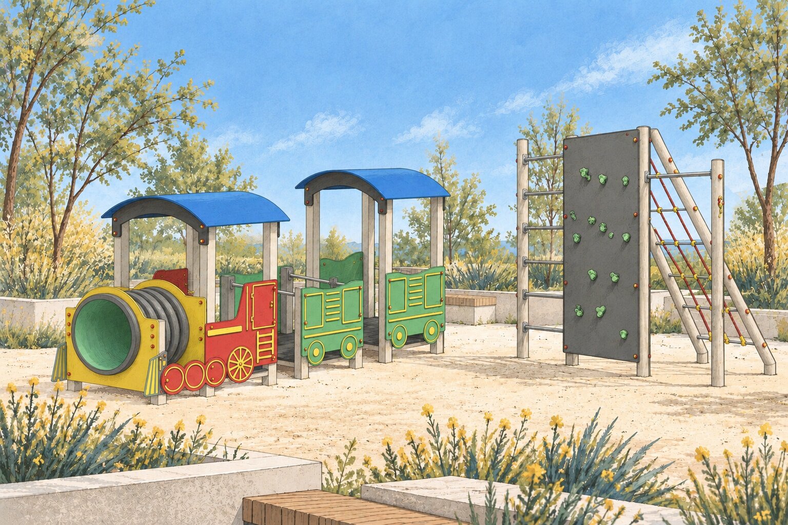 Spielzug und Kletterwand auf einem Spielplatz