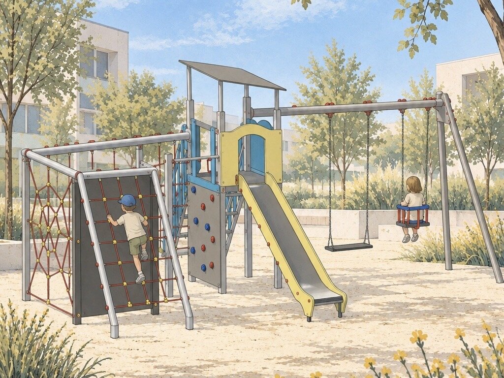 Spielanlage mit Kletterwand, Rutsche und Schaukel