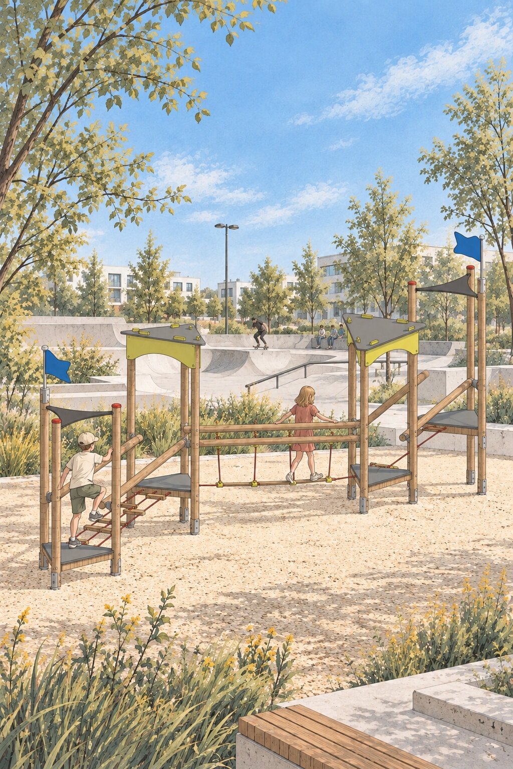 Kletterpfad mit Türmen und Hängebrücken